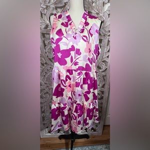 NWT Adrienne Cream and Pink Floral Silky Sleeveless Tiered Dress Sz L